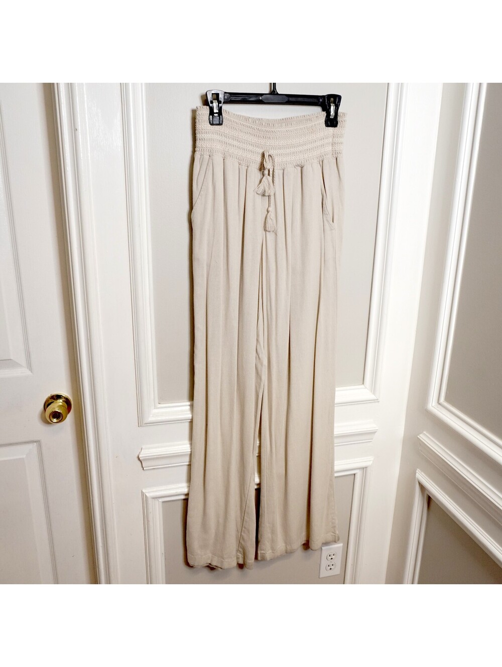 Rewash Cream Linen Wide Leg Pants with Smocked Waistband